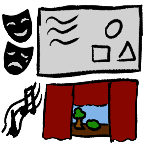 a whiteboard in the top right with comedy and tradgedy masks to the left. underneath that is a music line with notes, and to the left of that is a stage
